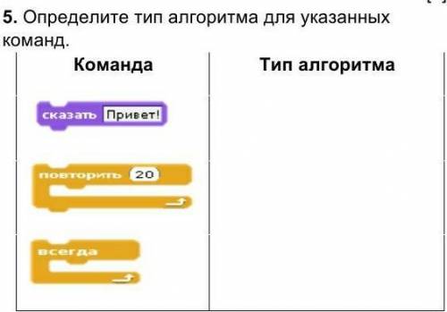 5. Определите тип алгоритма для указанных команд. ​