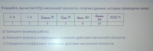 Учащийся, вычисляя КПД наклонной плоскости, получил данные, которые приведены ниже:АскаяДІЛh, M1. мГ