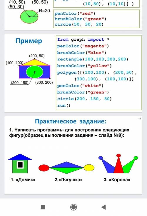 ИНФОРМАТИКА нужно! Задание: Написать программы для построения следующих фигур: 1.Домик 2.Лягушка