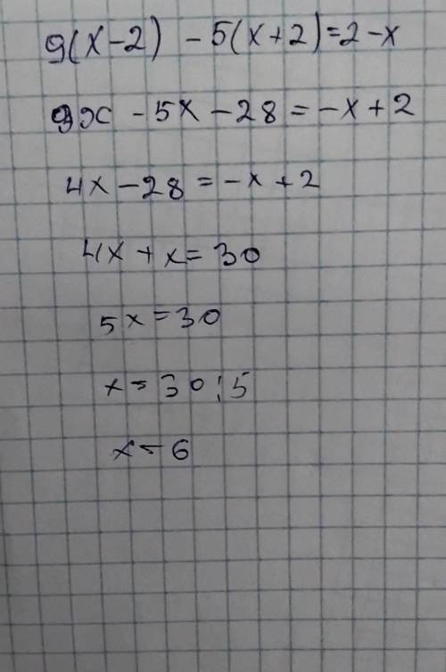 Розвяжiть ривнянн: 9(x-2)-5(x+2)=2-x