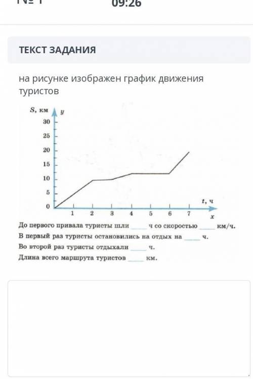 №1 ОБЩЕЕ ВРЕМЯ: 36:26ВРЕМЯ НА ЗАДАНИЕ:09:47ТЕКСТ ЗАДАНИЯна рисунке изображен график движения туристо