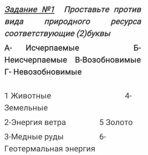 Проставьте против вида природного ресурса соответствующие (2)буквы А- Исчерпаемые Б-Неисчерпаемые В-