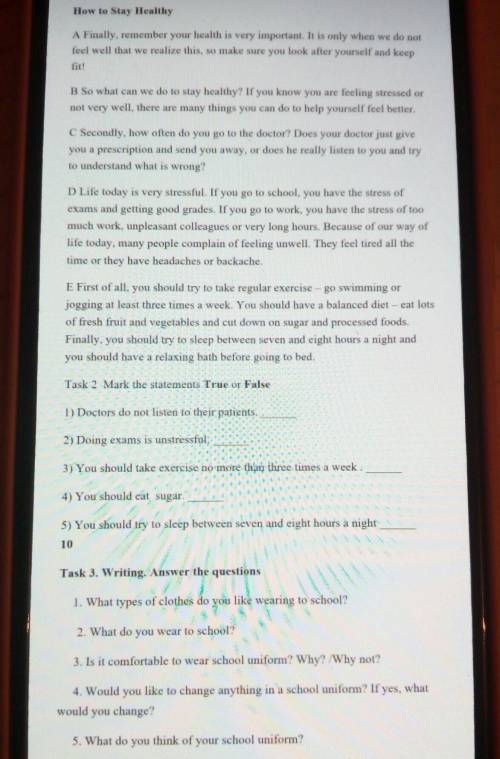Task 3. Writing. Answer the questions 1. What types of clothes do you like wearing to school?2. What