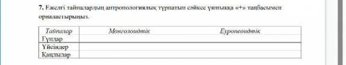 7. Ежелгі тайпалардың антропологиялық тұрпатын сәйкес ұяшыққа «+» таңбасымен орналастырыңыз.