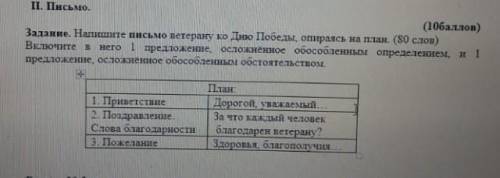 надо русский язык Задание. Напишите письмо ветерану ко Дню Победы, опираясь на план (80 слов) Включи