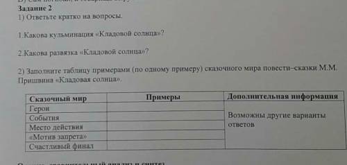 Задание 2. 1)ответьте кратко на вопросы.1.Какова кульминация Кладовой солнца?2.Какова развязка Кл