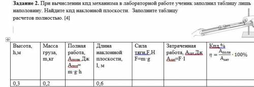 Задание 2. При вычислении кпд механизма в лабораторной работе ученик заполнил таблицу лишь наполовин