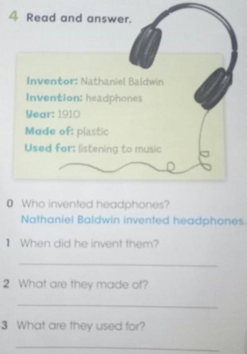 4 Read and answer. Inventor: Nathaniel BaldwinInvention: headphonesYear: 1910Made of: plasticUsed fo