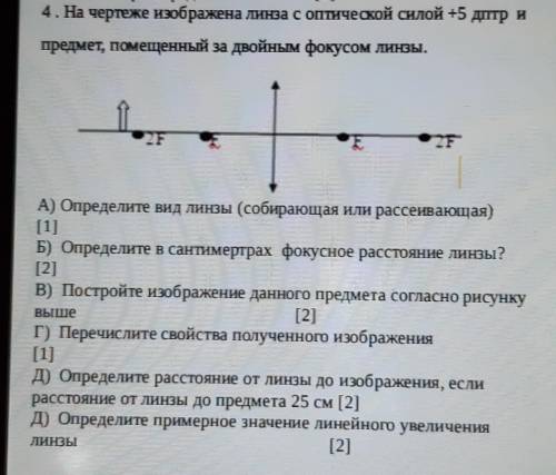 На чертеже изображена линза с оптической силой +5 дптр предмет, помещенный за двойным фокусом линзы.