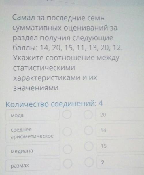 Самал за последние семь суммативных оцениваний зараздел получил следующие : 14, 20, 15, 11, 13, 20,