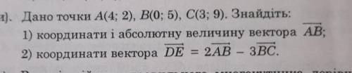 Дано точки A(4;2), B(0;5), C(3;9) Знайдіть: 1) координати і абсолютну величину вектора AB; 2) коорди