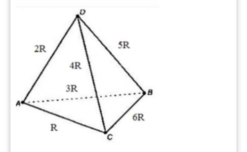 Тетраэдр АВСD составлен из ребер с сопротивлениями, где R = 10 Ом. К ребру АС подсоединили батарею с