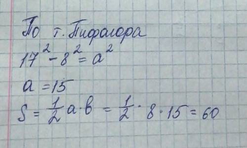 Найдите площадь прямоугольного треугольника, гипотенуза которого 17, а один из катетов 8​
