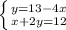 \left \{ {{y=13-4x} \atop {x+2y=12}} \right.