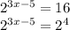 {2}^{3x - 5} = 16 \\ {2}^{3x - 5} = {2}^{4}