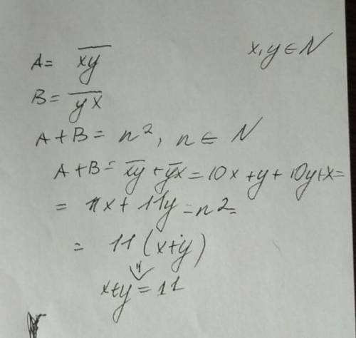 A - двоцифрове число XY. B - також двоцифрове число YX. A+B - квадрат деякого числа. Знайдіть X та Y