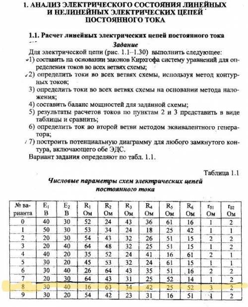 Расчёт линейных электрических цепей постоянного тока (Вариант 8, значения обозначены жёлтым маркером