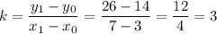 k = \dfrac{y_1-y_0}{x_1-x_0} =\dfrac{26-14}{7-3} =\dfrac{12}{4} =3