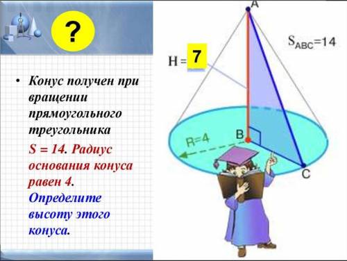 Конус получен при вращении прямоугольного треугольника S = 14. Радиус основания конуса равен 4. Опре