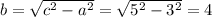 b = \sqrt{ {c}^{2} - {a}^{2} } = \sqrt{ {5}^{2} - {3}^{2} } = 4