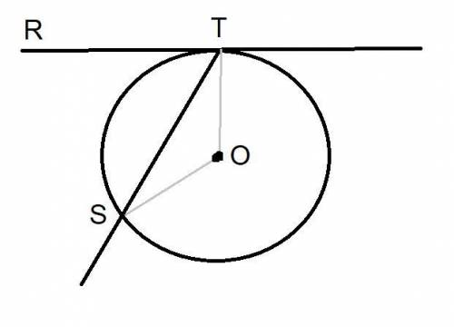 Найдите угол между касательной RT и хордой ST, проведенным из точки касания, если дуга ST равна 122°