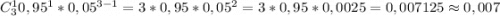 C_3^10,95^1*0,05^{3-1}=3*0,95*0,05^2=3*0,95*0,0025=0,007125\approx0,007