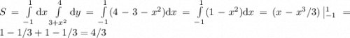 S=\int\limits_{-1}^{1}{\rm d}x\int\limits_{3+x^2}^{4}{\rm d}y=\int\limits_{-1}^{1}(4-3-x^2){\rm d} x=\int\limits_{-1}^1(1-x^2) {\rm d} x=(x-x^3/3)\left|_{-1}^1 \right=1-1/3+1-1/3=4/3