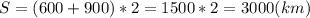 S =(600+900)*2 = 1500*2 = 3000(km)