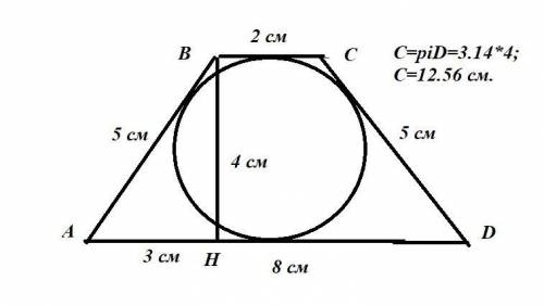 Найти длину окружности около которой описана равнобедренная трапеция с основаниями 2 и 8 см