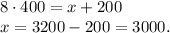 8 \cdot 400=x+200\\x=3200-200=3000.