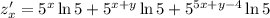 z'_x=5^x\ln5+5^{x+y}\ln5+5^{5x+y-4}\ln5