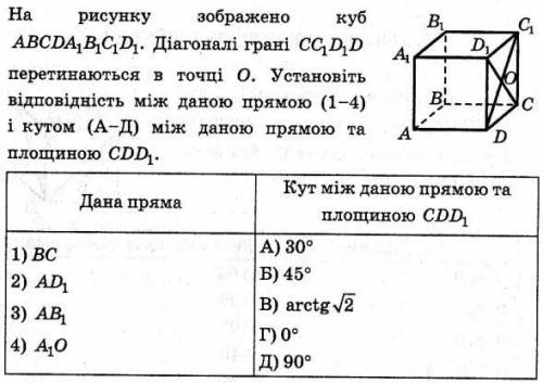 На рисунку зображено куб ABCDA1B1C1D1. Діагоналі грані CC1D1D перетинаються в точці О. Установіть ві