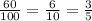 \frac{60}{100} = \frac{6}{10} = \frac{3}{5}