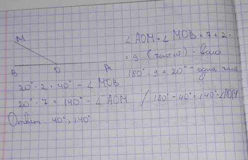 Луч ОМ делит развёрнутый угол АОВ на два смежных угла. Уron AOM составляет 7 частей угла AOB, а угол