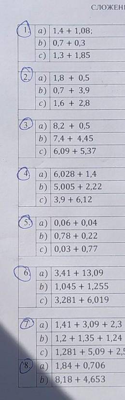 СЛОЖЕНИЕ ДВ- а) 1,4 + 1,08; b) 0,7 + 0,3 C) 1,3 + 1,85 2.) a) 1,8 + 0,5 b) 0,7 + 3,9 C) 1,6 + 2,8 3)