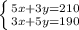 \left \{ {{5x + 3y =210} \atop {3x+5y=190}} \right.