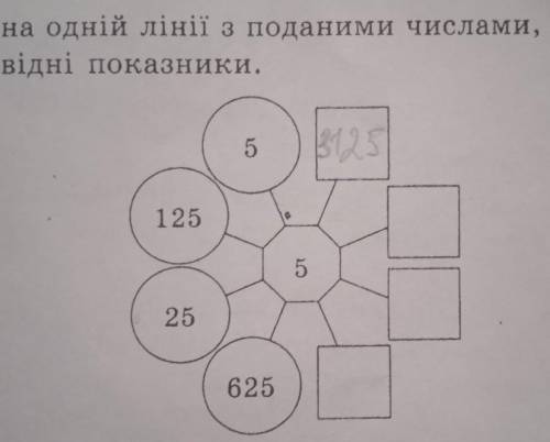 До іть будь ласка на рисунку в кружечках записано степені числа 5. запиши у квадратики, що стоять на