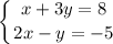 \displaystyle \left \{ {{x+3y=8} \atop {2x-y=-5}} \right.