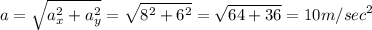 \displaystyle a=\sqrt{a_x^2+a_y^2} =\sqrt{8^2+6^2}=\sqrt{64+36} =10 m/sec^2