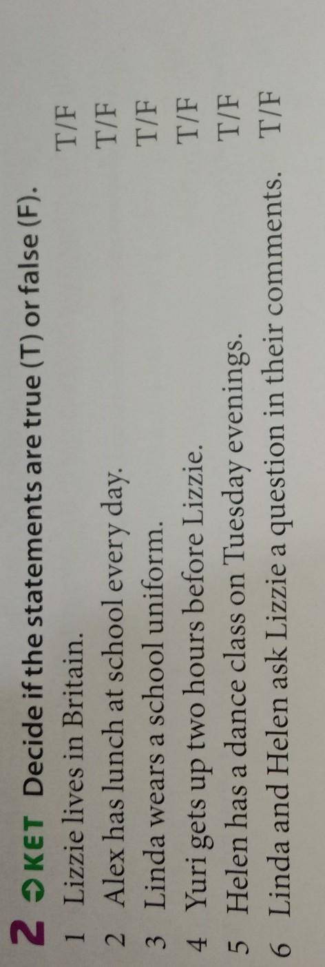 2 OKET Decide if the statements are true (T) or false (F).1 Lizzie lives in Britain.2 Alex has lunch