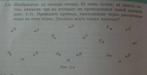 1.4. Изобразите: а) четыре точки; б) пять точек; в) шесть то- чек, никакие три из которых не принадл