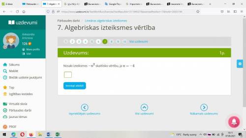 Nosaki izteiksmes −n2 skaitlisko vērtību, ja n=−4 Определите числовое значение выражения −n2, если n