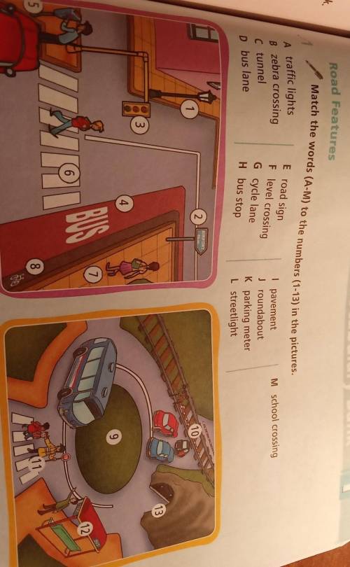 Book. Road FeaturesMatch the words (A-M) to the numbers (1-13) in the pictures.M school crossingA tr