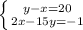 \left \{ {{y-x=20} \atop {2x-15y=-1}} \right.