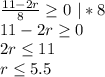 \frac{11-2r}{8}\geq 0 \ |*8\\11-2r\geq 0 \\ 2r\leq 11 \\ r\leq 5.5