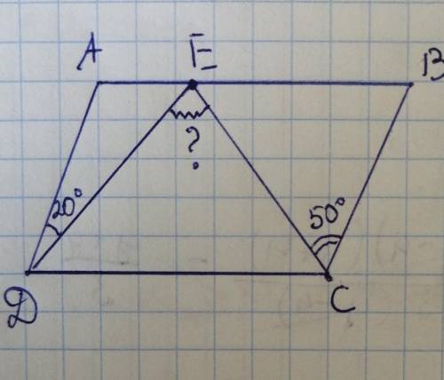 В паралеллограмме угол ADE =20°.Угол ECB=50°.Найдите угол DEC