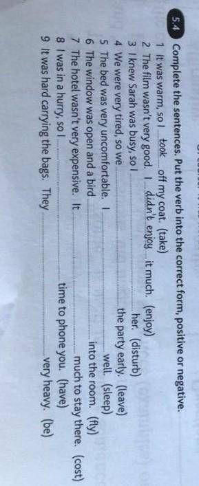 Complete the sentences Put the verb info the correct form positive or negative