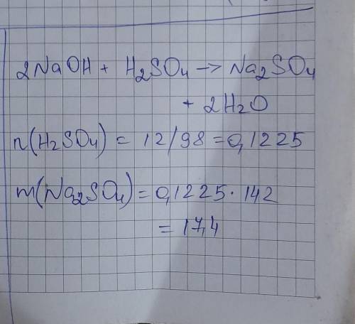 Какова масса сульфата натрия образуещейся при нетрализации гидроксида натрии массы 12г серной кислот