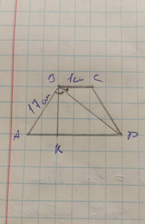 Менша основа рівнобічної трапеції дорівнює 1 см,бічна сторона - 17 см.Діагональ трапеції ділить її т