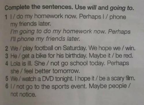 Complete the sentences. Use will and going to.